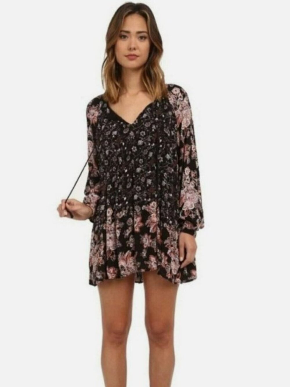 Free People Dress Lucky Loosey Tunic Floral Boho Babydoll Black Multi  Small